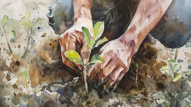 Watercolor, Conservationist planting tree, close up, hands in soil, soft light 