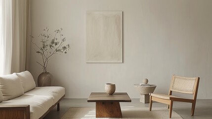 A minimalist art piece displayed on a white wall, its subtle textures and tones drawing the viewer into a deeper appreciation of minimalist aesthetics.