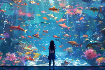 anime girl admiring colorful fish in massive aquarium tank vibrant underwater scene illustration - obrazy, fototapety, plakaty