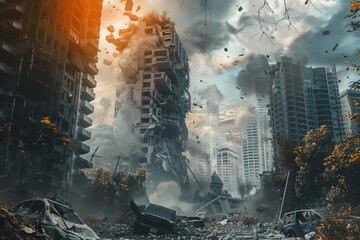 apocalyptic city destruction scene with crumbling buildings and debris dramatic concept art - obrazy, fototapety, plakaty