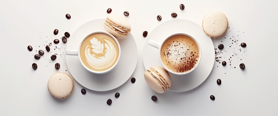 Two coffees in white cups, with coffee beans and biscuits, inviting a cozy moment of indulgence ☕️🍪 Perfect for a delightful coffee break! #CoffeeTimeJoy - obrazy, fototapety, plakaty