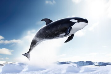 Jumping Killer Whale in Splashing Motion Amidst Aquatic Wildlife