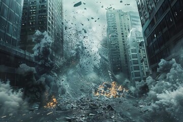 apocalyptic city destruction scene with crumbling buildings and debris dramatic concept art