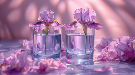 Two glasse with water and card note with iris flowers on pastel lilac background. Summer refreshment concept. Sunlit flat lay. Minimal style. Top view