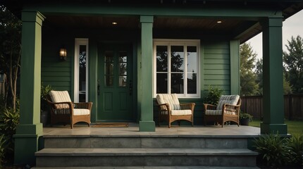 green theme luxury home with front porch facade from Generative AI - obrazy, fototapety, plakaty