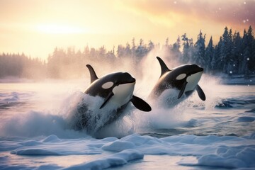 Killer Whales Jump in the Waves of the Sea Amidst Splashing Water - obrazy, fototapety, plakaty