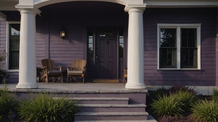 purple theme luxury home with front porch facade from Generative AI