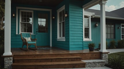 teal theme luxury home with front porch facade from Generative AI