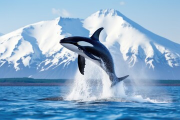 Killer Whale Jumping in Splashing Snow Against Cloudy Sky - 786743876