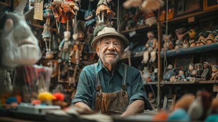 A puppet maker in a magical workshop, surrounded by whimsical, hand-carved puppets hanging from the ceiling. - obrazy, fototapety, plakaty