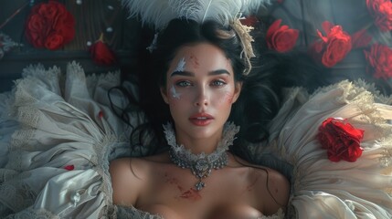 Elegant vintage: woman in baroque renaissance style clothing reminiscent of the victorian era, a timeless portrayal of grace and sophistication in historical fashion 19th century.