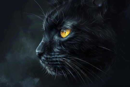 black cat portrait with piercing yellow eyes on dark background digital animal painting