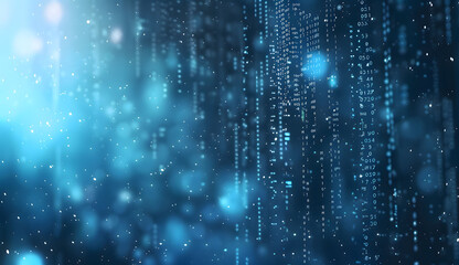 Blue binary code background with bokeh lights and digital numbers