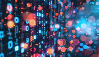 Digital numbers and bokeh lights on blue binary code background
