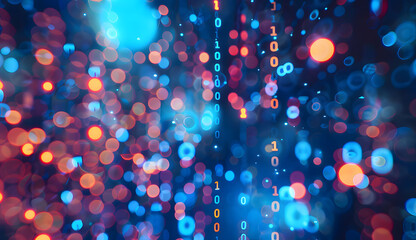 Blue binary code background with digital numbers and bokeh lights