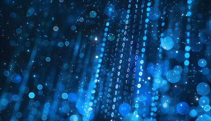 Blue bokeh lights over digital binary code background