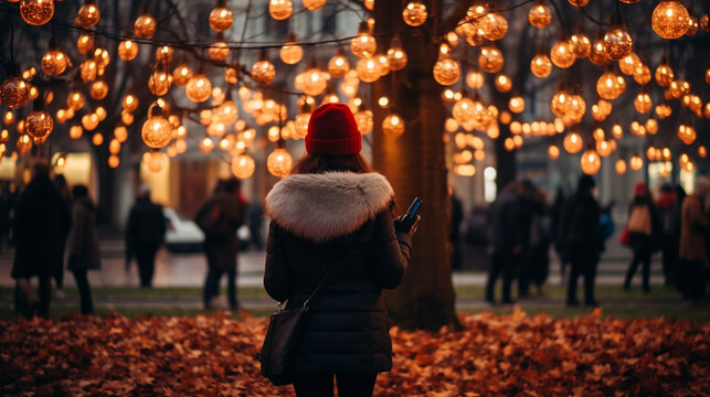 A person experiences a holiday outdoor scene with illuminated spherical lights and fall leaves.Applications related to winter activities.