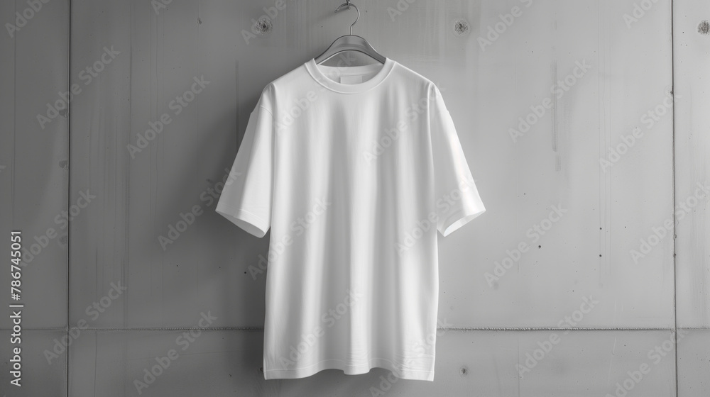Wall mural Front side of a blank white cotton t-shirt is hanging on a wall. shirt mockup, template with empty space for text and logo. - Wall murals