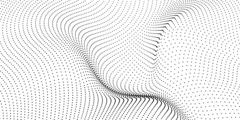 Flowing dots particles wave pattern 3D curve halftone black gradient curve shape isolated on white background. Vector in concept of technology, science vector modern arts