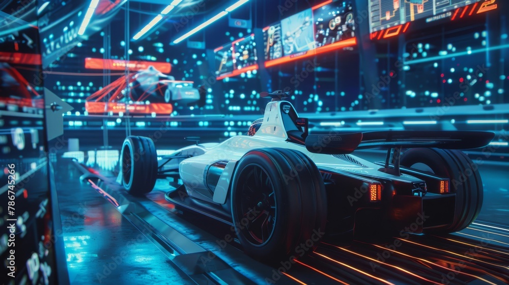 Poster a team of cybersecurity experts in a futuristic race car pit analyzing real-time data to prevent hac