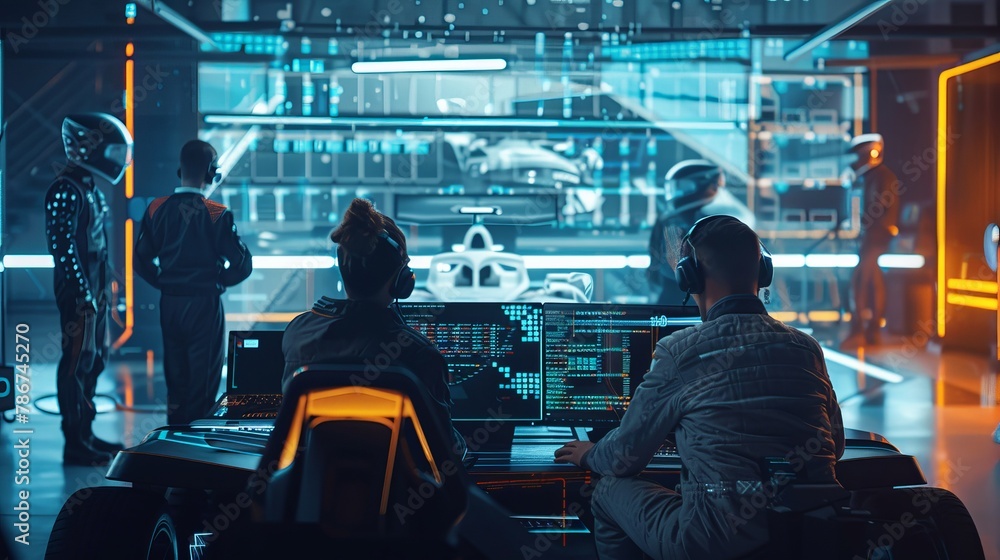 Poster a team of cybersecurity experts in a futuristic race car pit analyzing real-time data to prevent hac