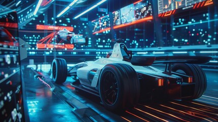 A team of cybersecurity experts in a futuristic race car pit analyzing real-time data to prevent...