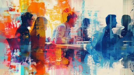 A team of healthcare managers at a conference discussing global health policies, in an abstract impressionist style. - obrazy, fototapety, plakaty