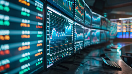 stock market performance statistics displayed on computer screens, stock market economy or business analysis 