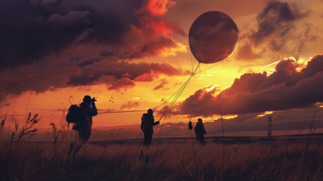 A team of cloud engineers at sunset launching weather balloons for climate data collection, in a magical realism style.