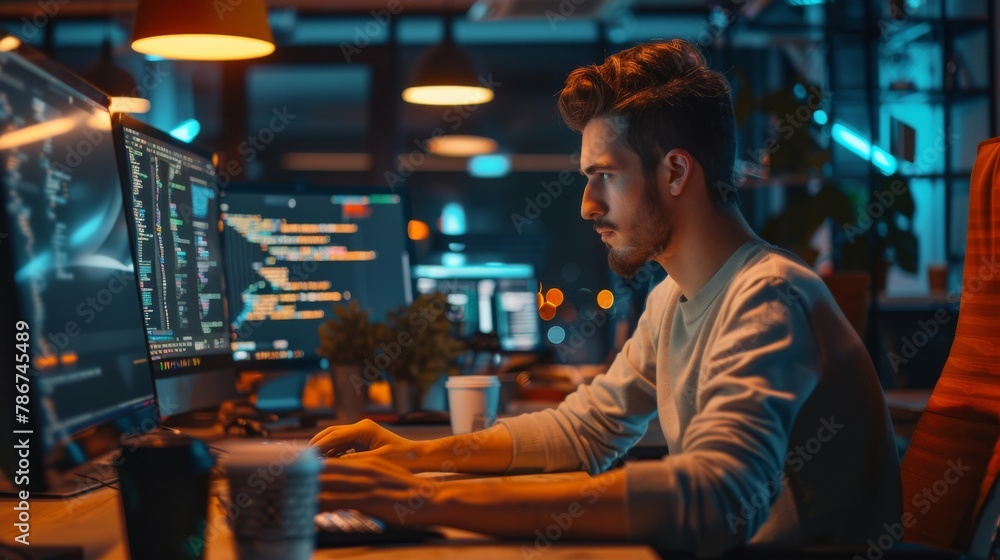 Poster a young devops engineer coding late at night, surrounded by empty coffee cups, in a cluttered startu