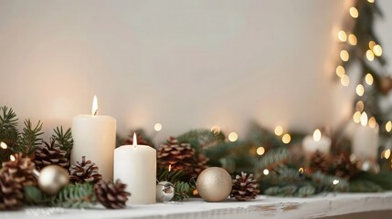 Create a cozy and inviting Christmas scene adorned with festive decorations, including flickering candles and vibrant flowers. 