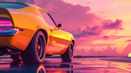 new modern car with magenta sunset