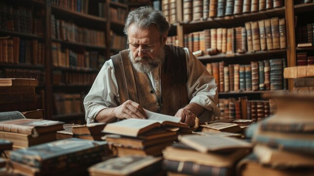 A traditional bookbinder in a library setting, binding sheets into custom leather covers, surrounded by walls of antique books.