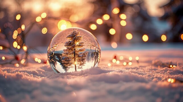  Picture a serene winter landscape where a Christmas tree glistens with lights inside a crystal globe, surrounded by freshly fallen snow.