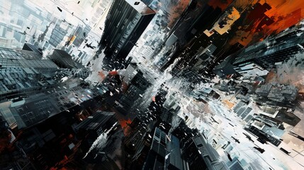 Abstract representation of a mental breakdown as a collapsing surreal cityscape with distorted buildings.
