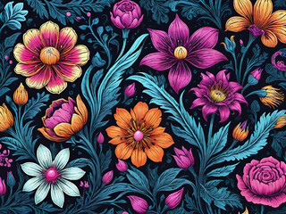 colorful flowers and leaves pattern on black background 