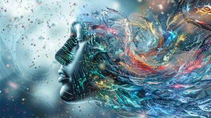 Art piece depicting the fusion of human consciousness with digital data, portrayed in a fluid, organic digital style. - obrazy, fototapety, plakaty