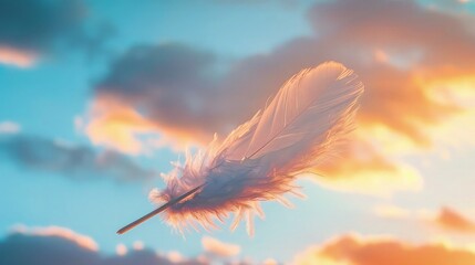 Picture a solitary white feather delicately resting against the backdrop of a serene sky, where soft clouds drift lazily by. The feather stands out against the vast expanse of blue and white. 