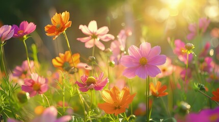 Transport yourself to a field ablaze with the vibrant hues of pink flowers, illuminated by the soft, golden light of the sun.  - obrazy, fototapety, plakaty