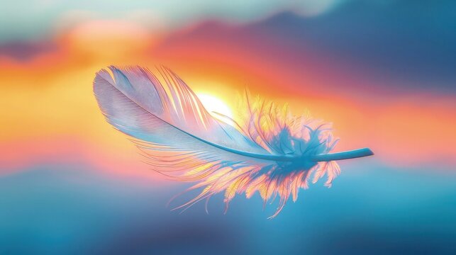  Envision a scene where a single white feather floats gracefully against a backdrop of soft clouds and a sky painted with hues of white and orange. 
