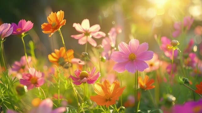 Transport yourself to a field ablaze with the vibrant hues of pink flowers, illuminated by the soft, golden light of the sun. 
