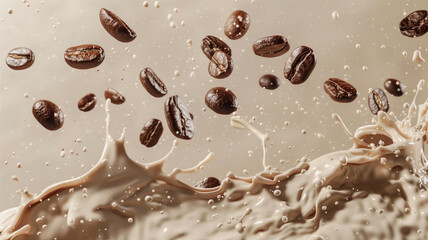 The dynamic fusion of milk splashes and coffee beans in a flavorful airborne display