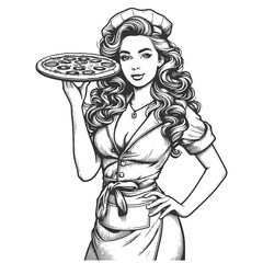 beautiful chef woman holding up pizza, culinary themes pin up sketch engraving generative ai fictional character vector illustration. Scratch board imitation. Black and white image. - obrazy, fototapety, plakaty
