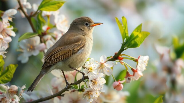 Against a backdrop of delicate cherry blossoms, a charming brown and white bird perches gracefully on a branch, its beady eyes bright with curiosity. 