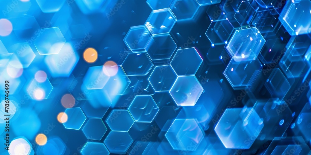 Poster vibrant blue geometric shapes with hexagonal patterns creating a modern and abstract technological b