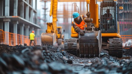 A man is operating a bulldozer at a construction site, shaping the soil for building a house in the city. AIG41