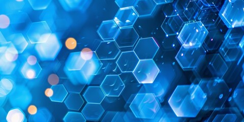 Vibrant blue geometric shapes with hexagonal patterns creating a modern and abstract technological backdrop.