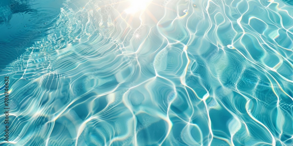 Poster serene pool water surface with sparkling sunlight patterns and gentle waves, embodying calmness and 