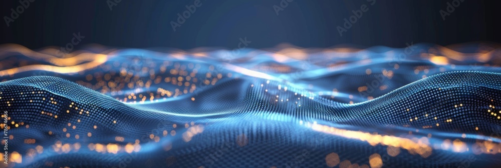 Poster dynamic blue particle waves undulating across a digital landscape, representing connectivity and fut