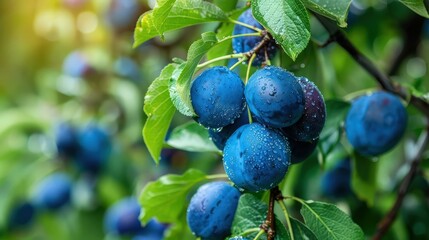  Amidst a backdrop of blue skies and fluffy clouds, a cherry tree stands in full splendor, adorned with clusters of succulent cherries ripening in the warm sunlight. 